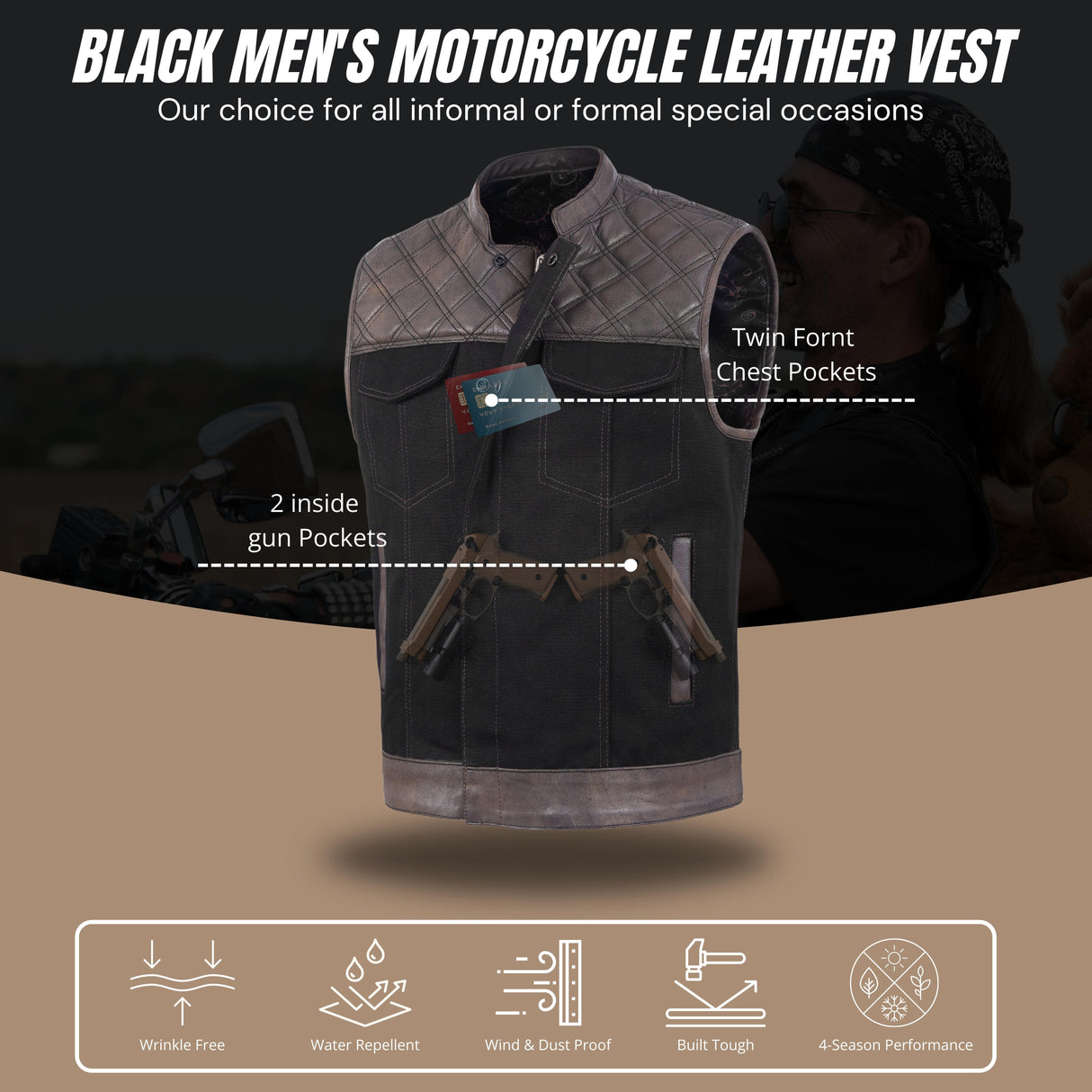Men's Distressed Brown Black Cross Stitch Club Style Denim Vest.