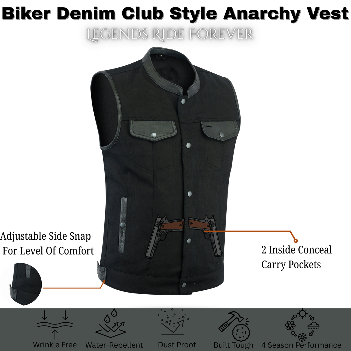 Biker Denim Club Style Anarchy BLACK Vest with Conceal Carry Pockets both sides
