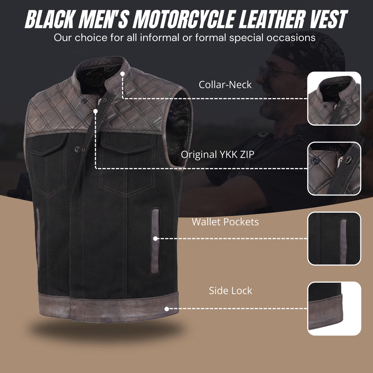 Men's Distressed Brown Black Cross Stitch Club Style Denim Vest.