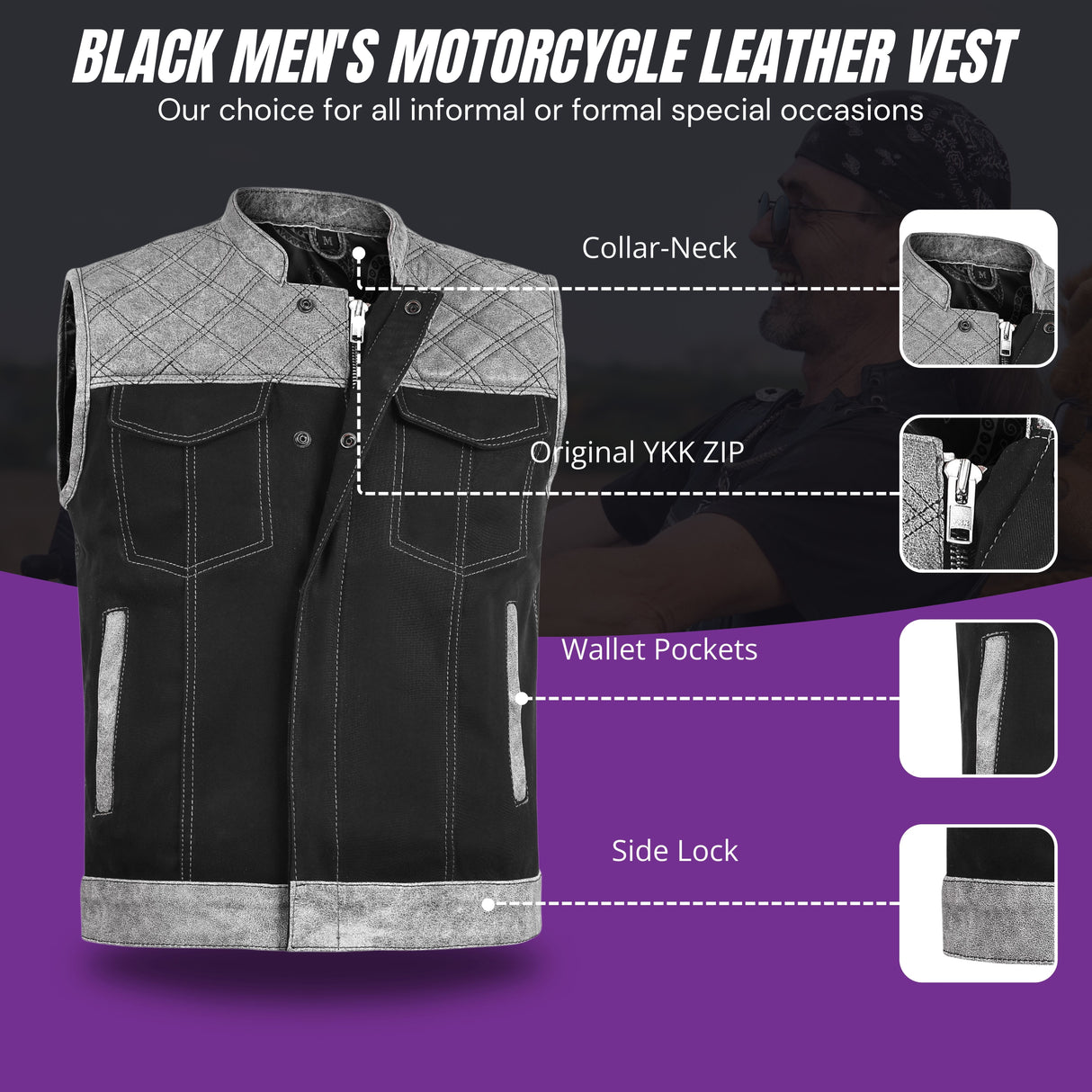 Men's Grey Black Cross Stitch Club Style Denim Vest.