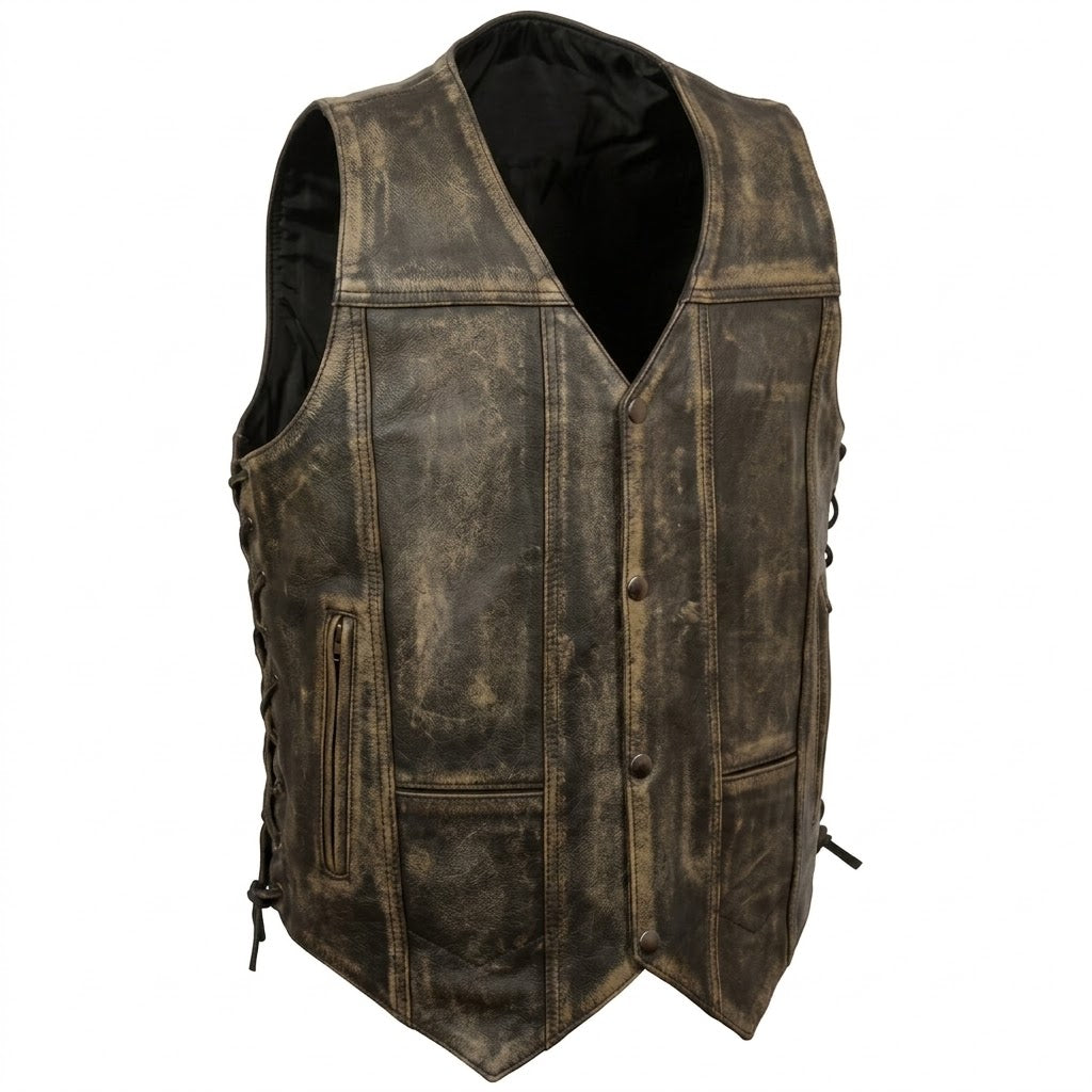 Men's Roulette Distressed Brown 7 Pocket Motorcycle Cowhide Leather Vest - Men Leather Vests - Front View