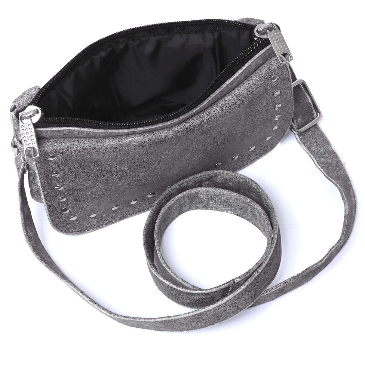 WC15108 Gray Studded Buffalo hide Leather Hip Clip Purse Bag | Women Waist Fanny Pack Motorcycle - Leather bags - Side & Angle View