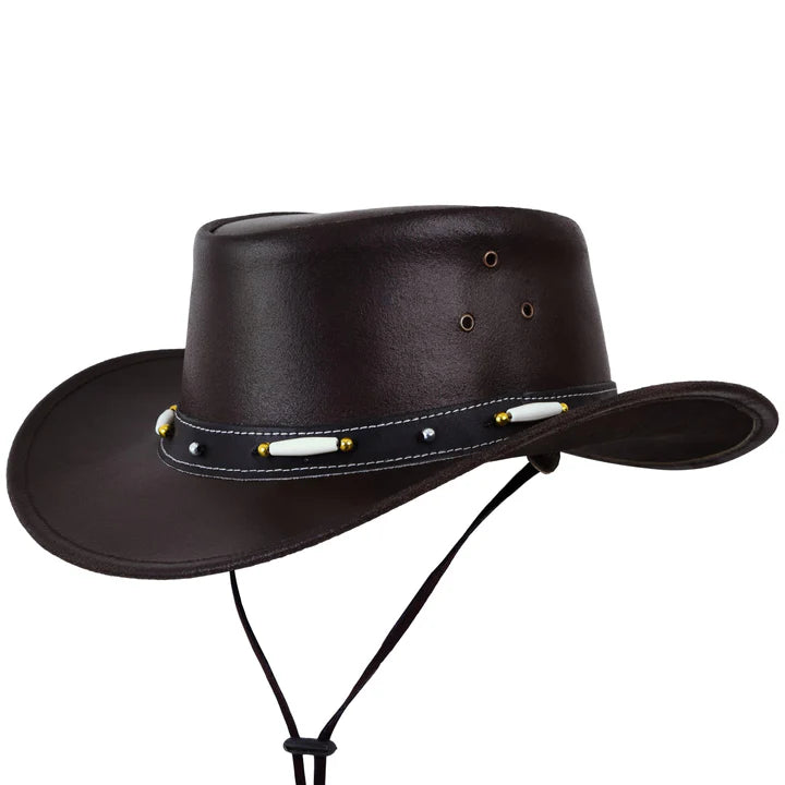Black Leather Western Cowboy Bush Hat with Beaded Hat Band