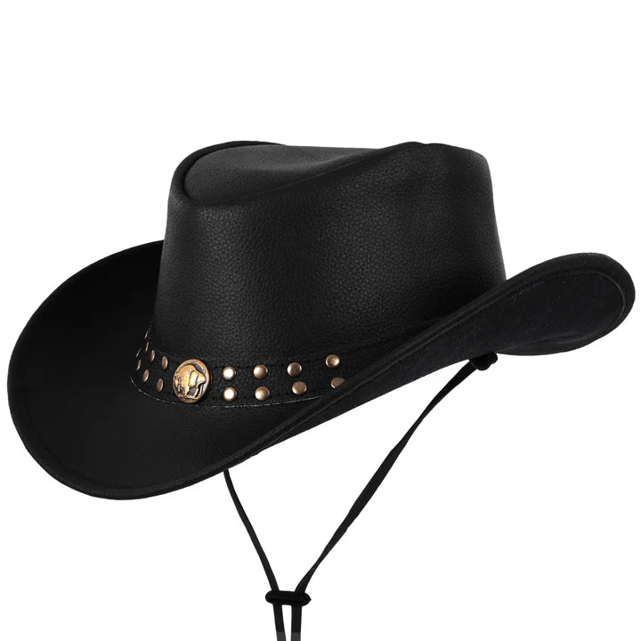Cowhide Leather Black Cowboy Hat with Buffalo Nickel Accent Band