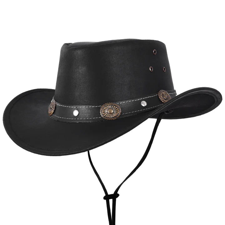 Genuine Black Leather Western Cowboy Hat with Concho Band