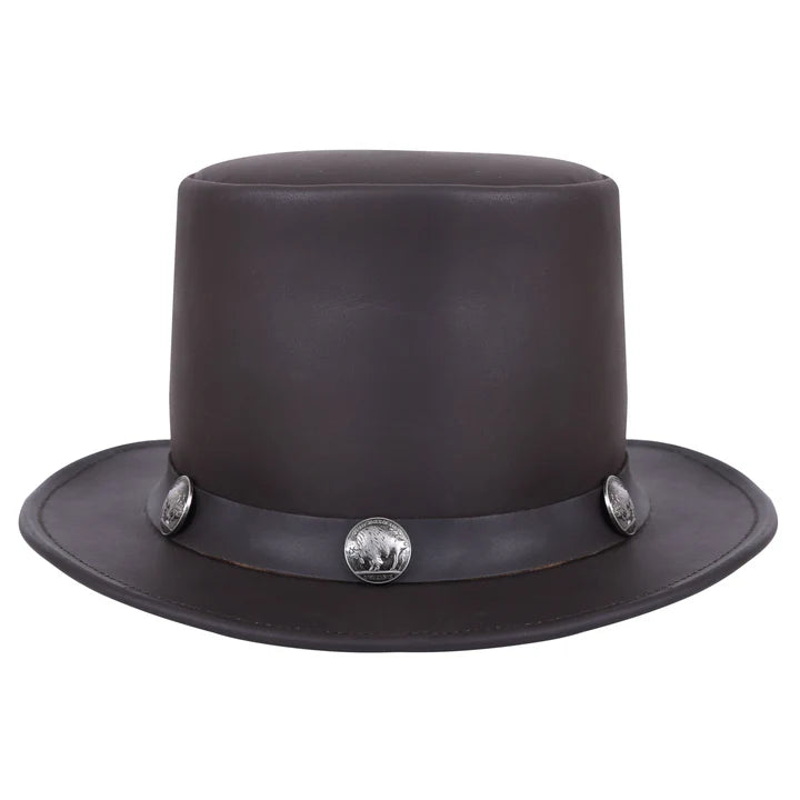 Brown Cowhide Leather Top Hat with Buffalo Nickel Band