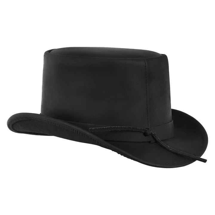 El Dorado Steampunk Black Cowhide Leather Top Hat with Buffalo Nickel Band