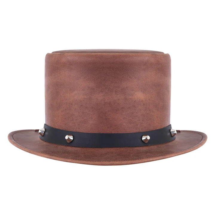 Men’s Brown Leather Top Hat with Black Studded Leather Band