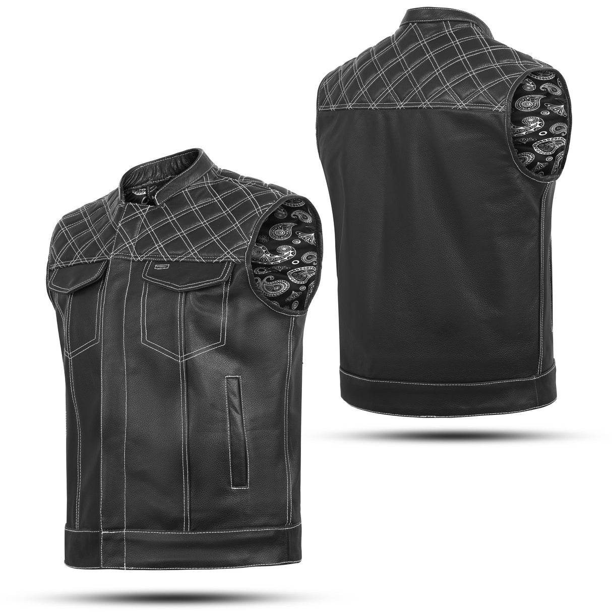 Men's White Black Cross Stitch Club Style Cow Natural Leather Vest.