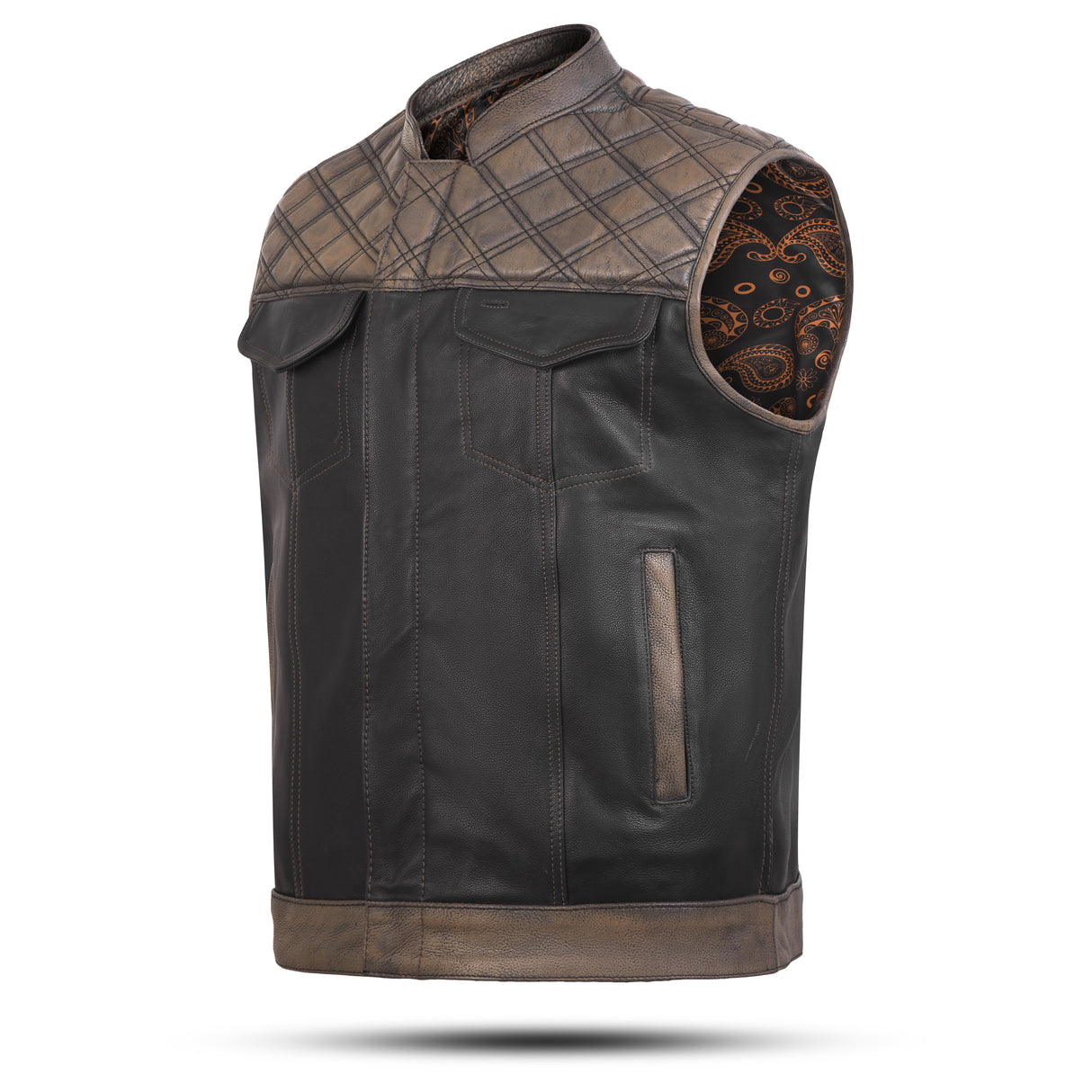 Men's Brown Black Cross Stitch Club Style Cow Platted Milled Leather Vest.