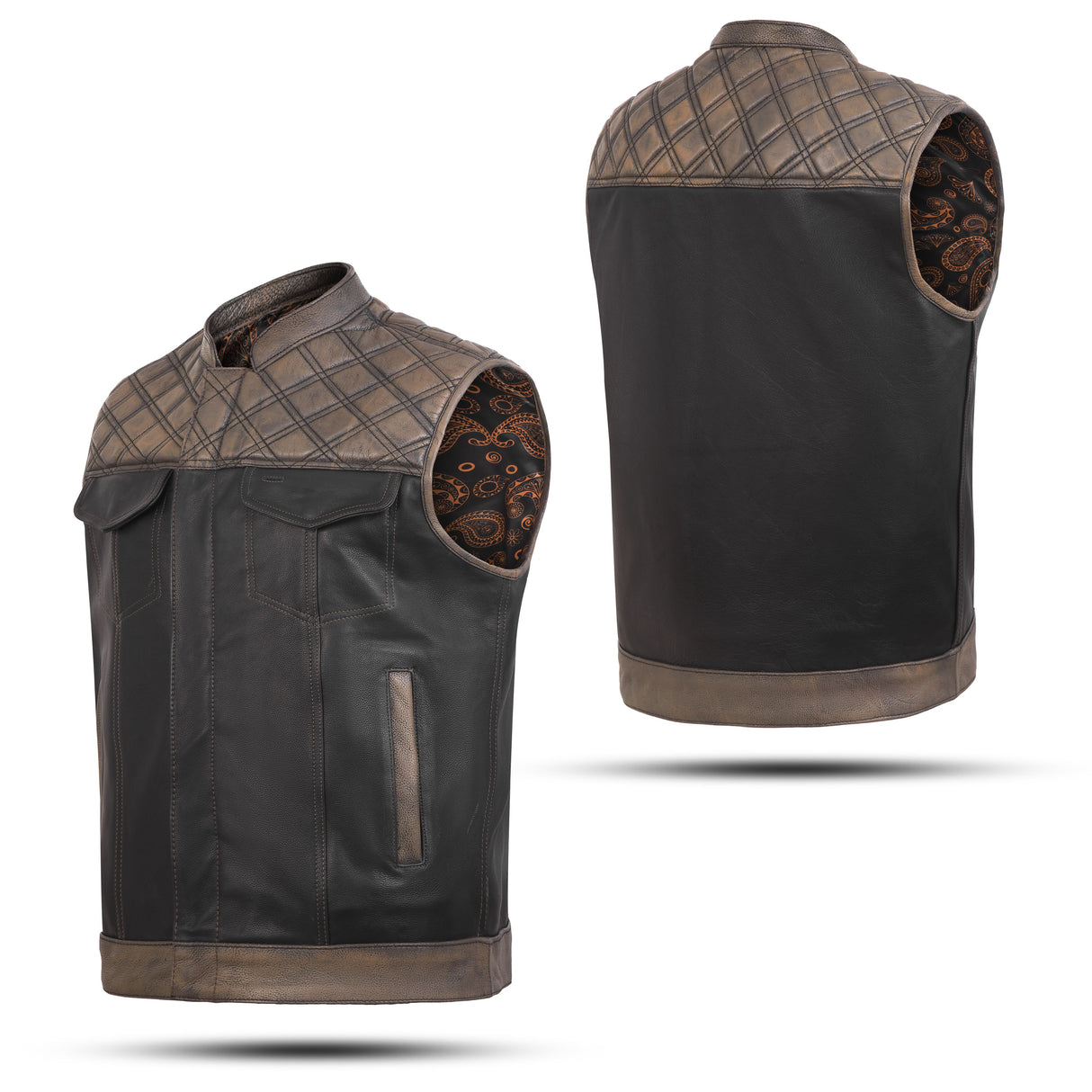 Men's Brown Black Cross Stitch Club Style Cow Platted Milled Leather Vest.
