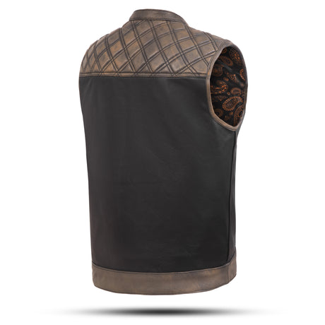 Men's Brown Black Cross Stitch Club Style Cow Natural Leather Vest.