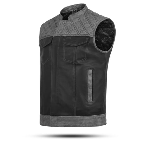 Men's Grey Black Cross Stitch Club Style Cow Platted Milled Leather Vest.