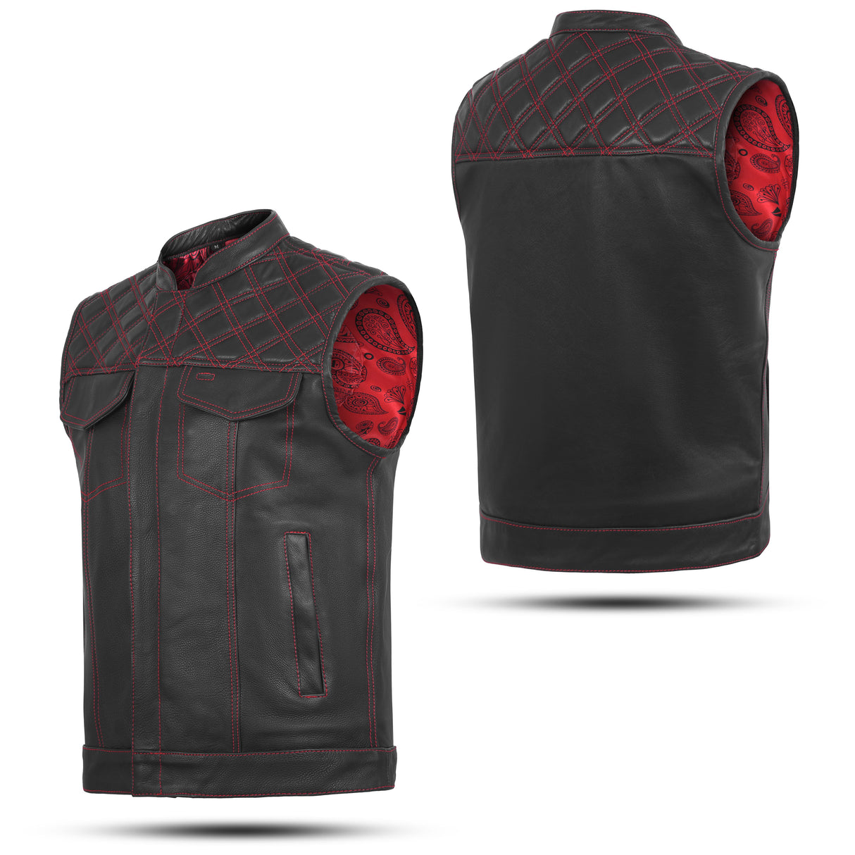 Men's Red Cross Stitch Club Style Cow Platted Milled Leather Vest.