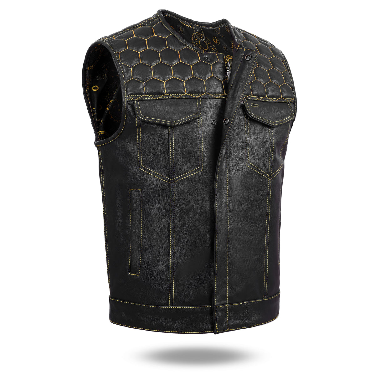 Men's Club Style Cowhide Leather Motorcycle Vest with Yellow Black Cross Stitch