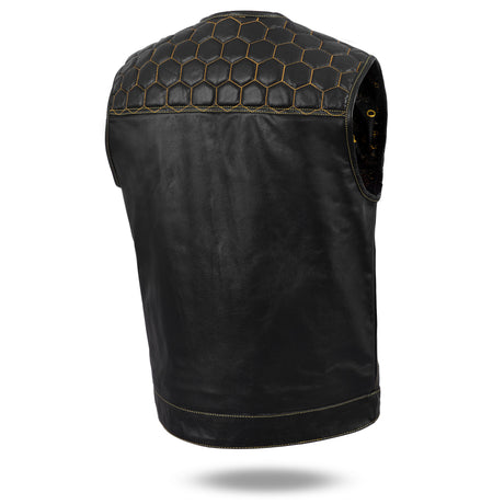 Men's Yellow Black Cross Stitch Club Style Cow Platted Milled Leather Vest.