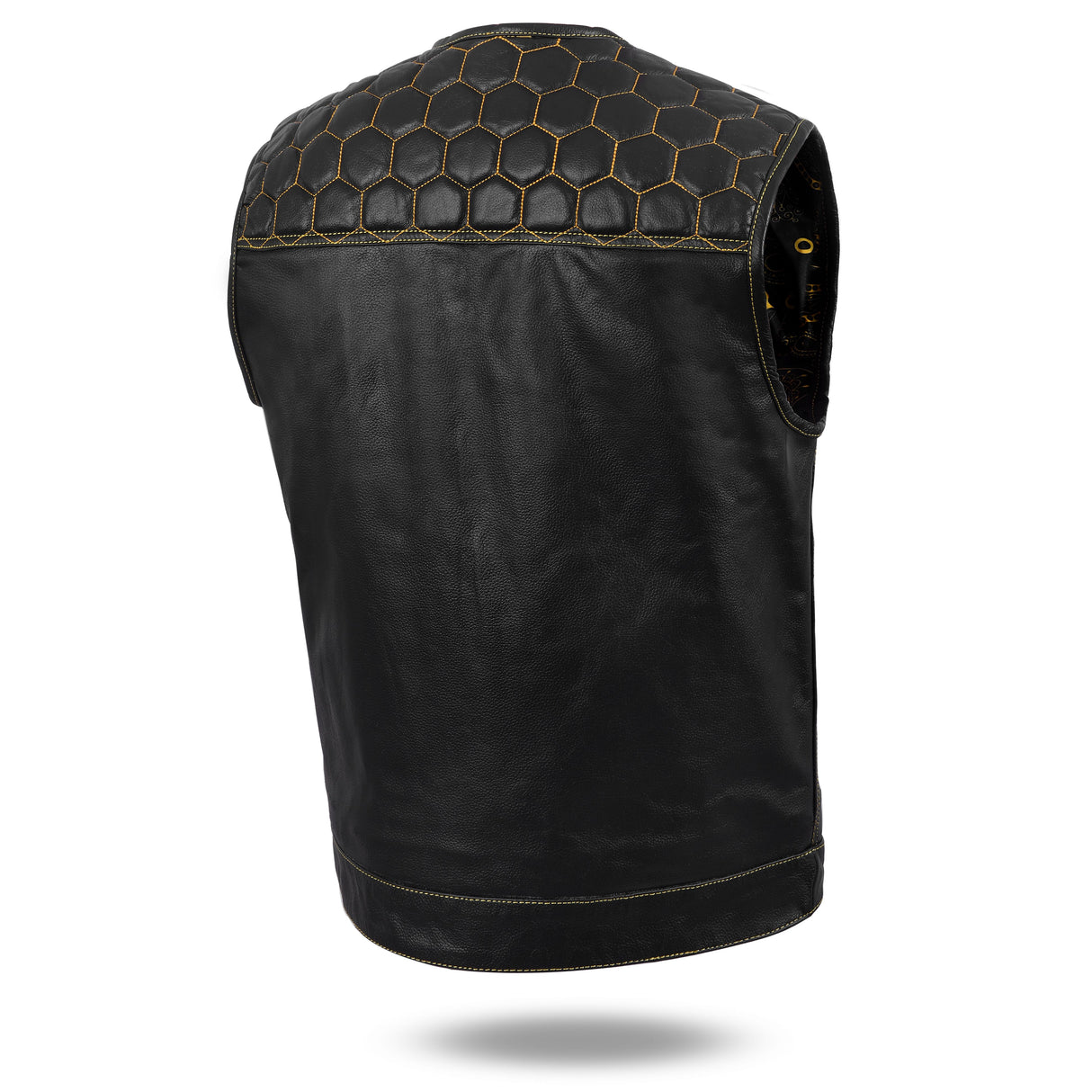 Men's Club Style Cowhide Leather Motorcycle Vest with Yellow Black Cross Stitch