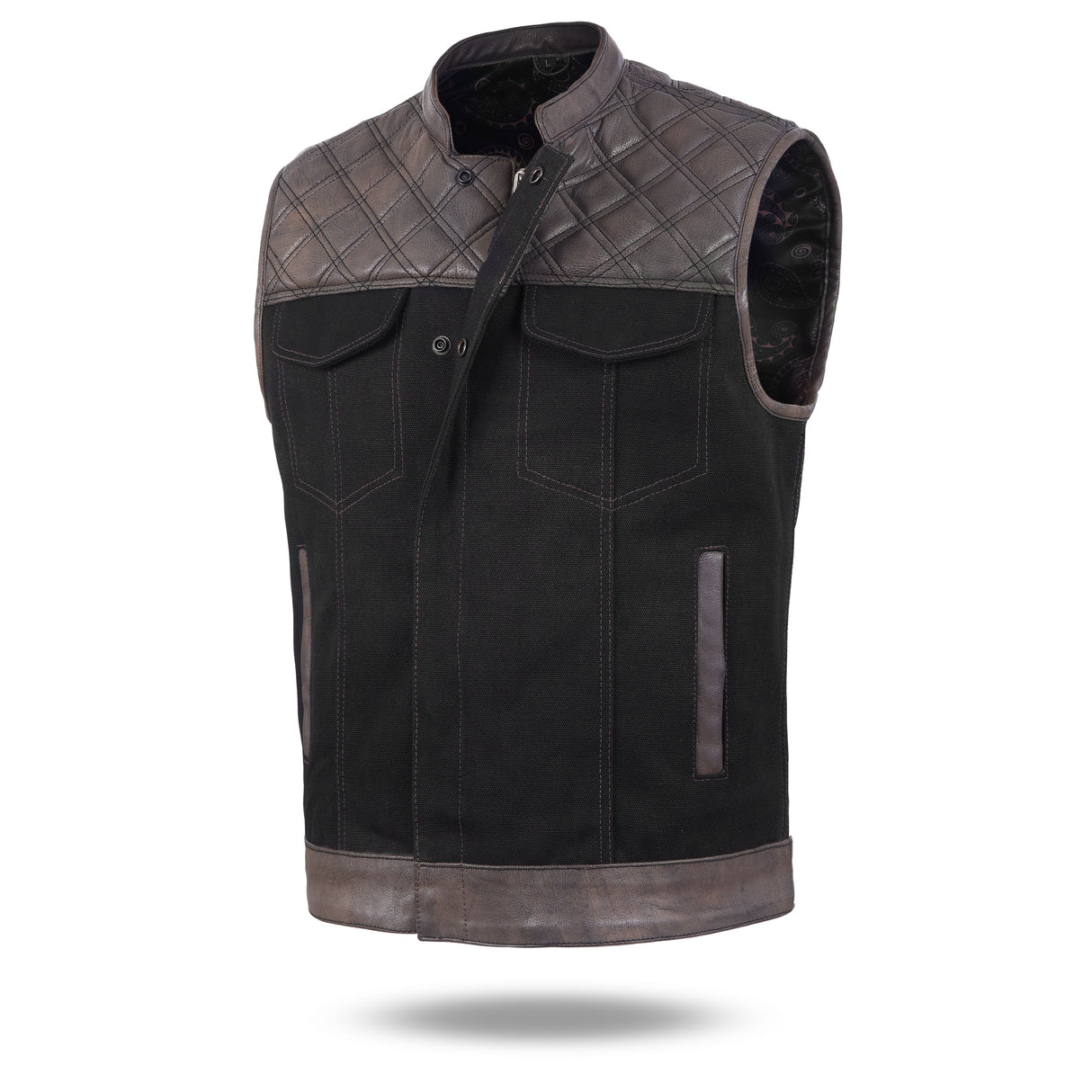 Men's Distressed Brown Black Cross Stitch Club Style Denim Vest.