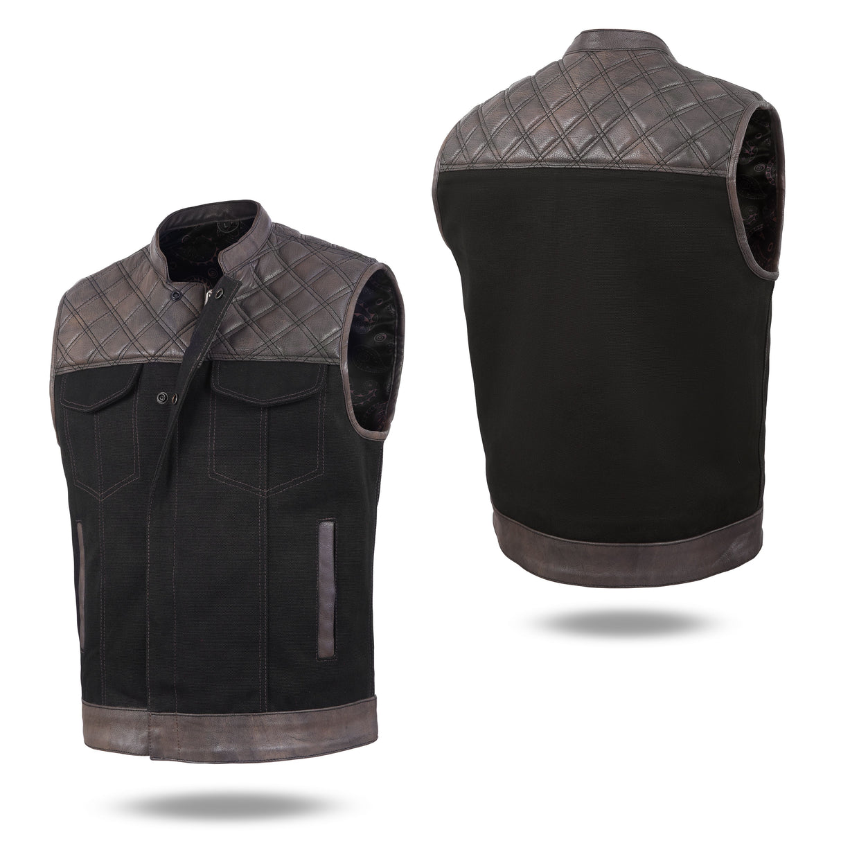 Men's Distressed Brown Black Cross Stitch Club Style Denim Vest.