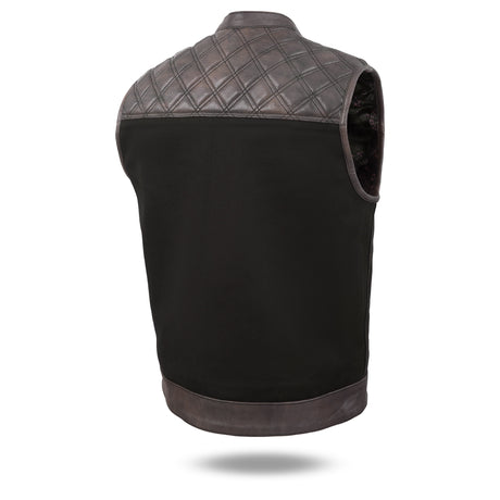 Men's Distressed Brown Black Cross Stitch Club Style Denim Vest.