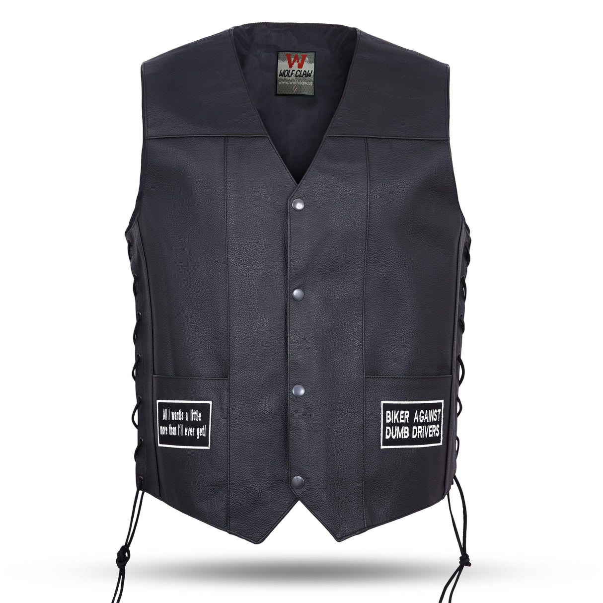 Men's black leather biker vest, front V-neck with snap buttons and side lace ties