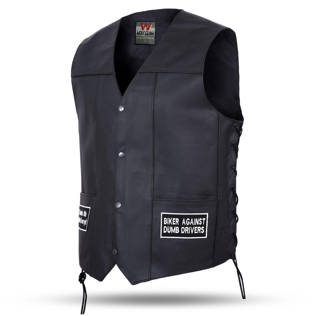 Men's black leather biker vest, front side view with snap buttons and side lace ties