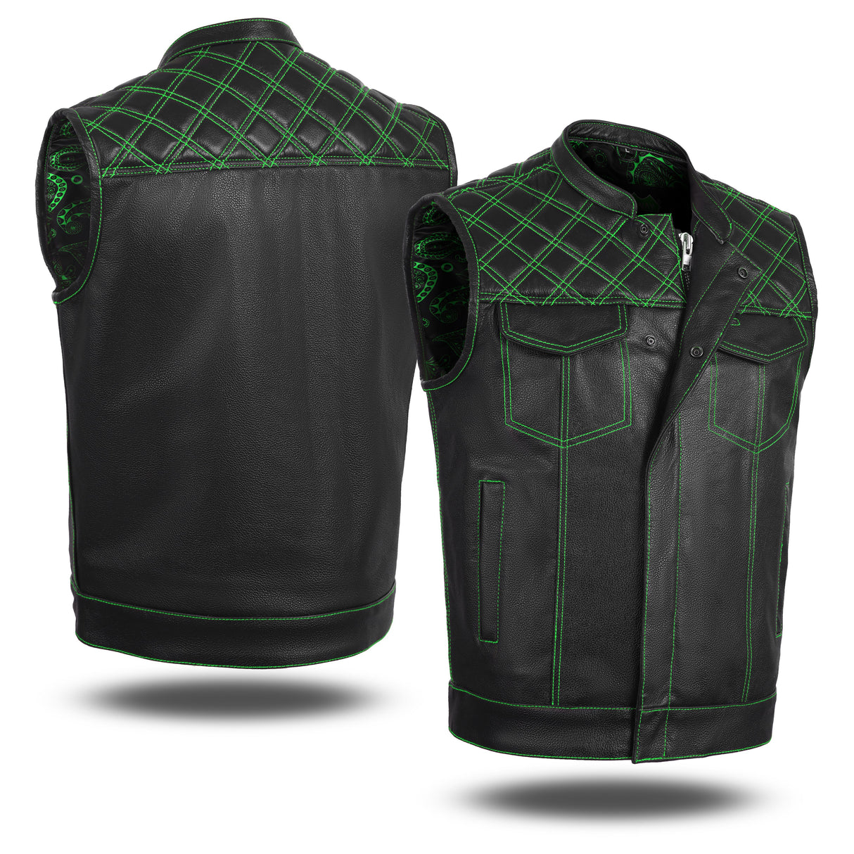 Men's Leather Green Cross Stitch Club Style Cow Natural Leather Vest