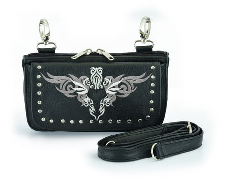 Biker Grey Tribal Heart Embroidered Hip Clip Leather Bag