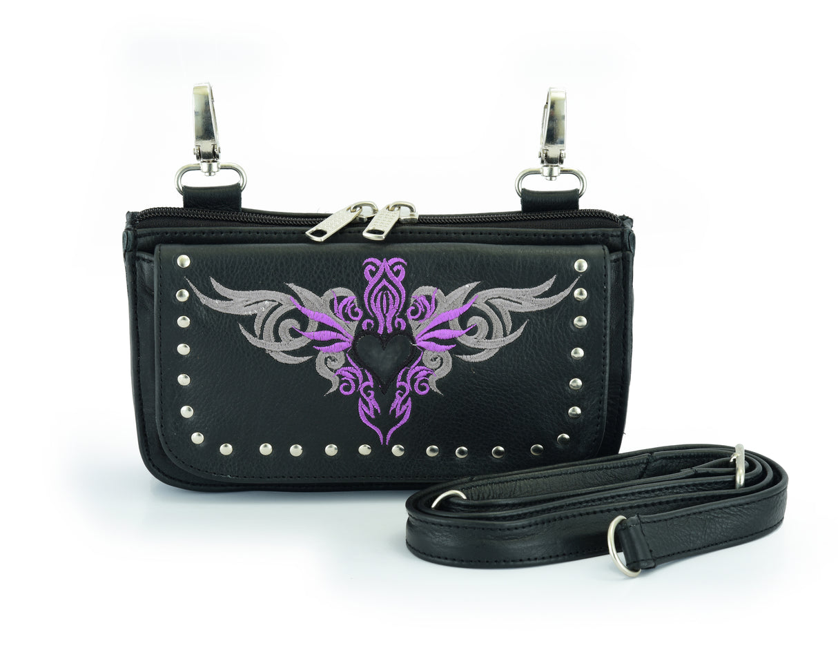 Biker Purple Tribal Heart Embroidered Hip Clip Leather Bag