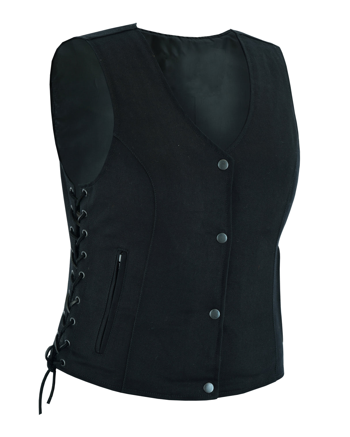 WCWV15812blackammo Women’s Denim Motorcycle Side Lace Club Vest with 2 Inside Ammo Pocket