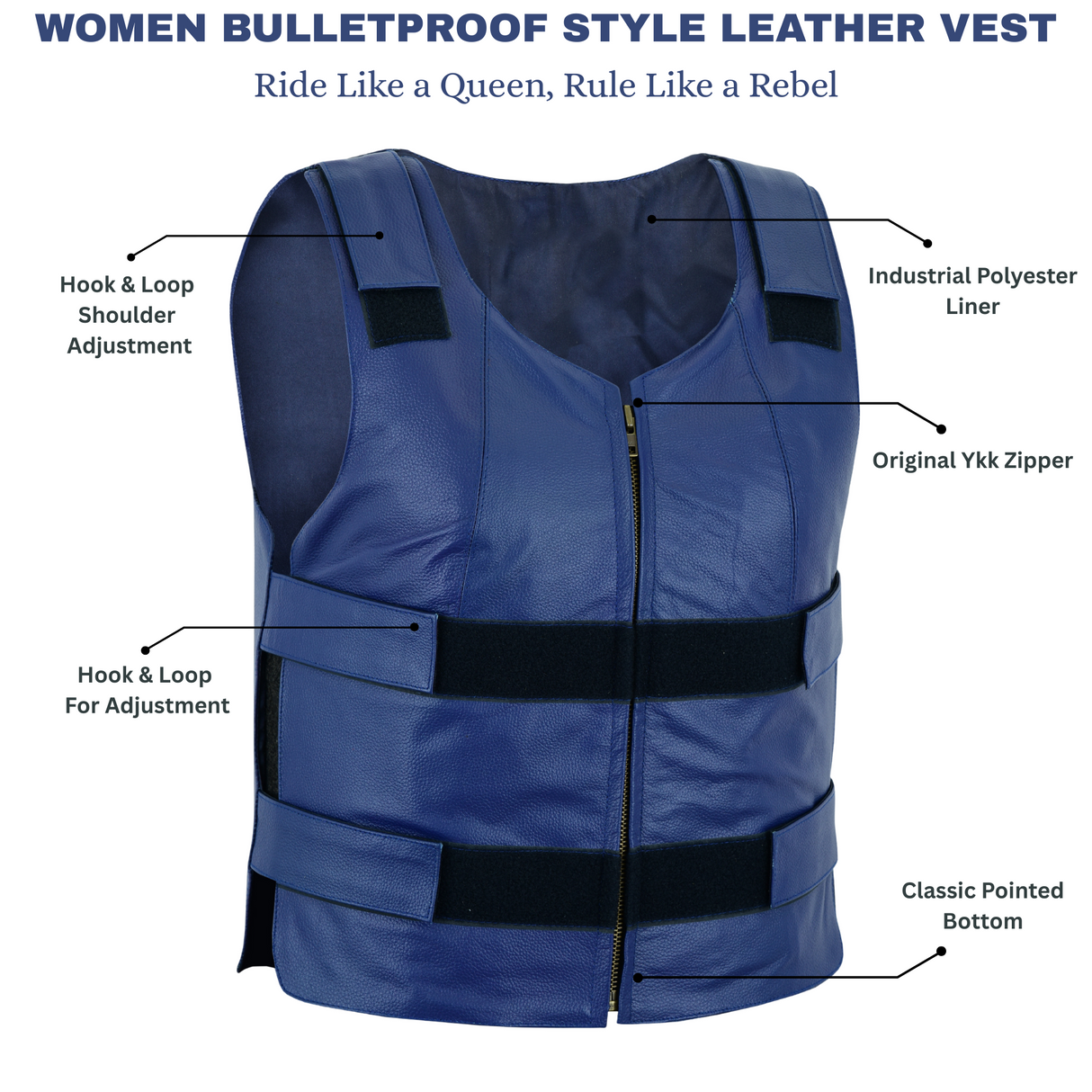 Navy Blue bulletproof Style Motorcycle Club Leather Women's Vest