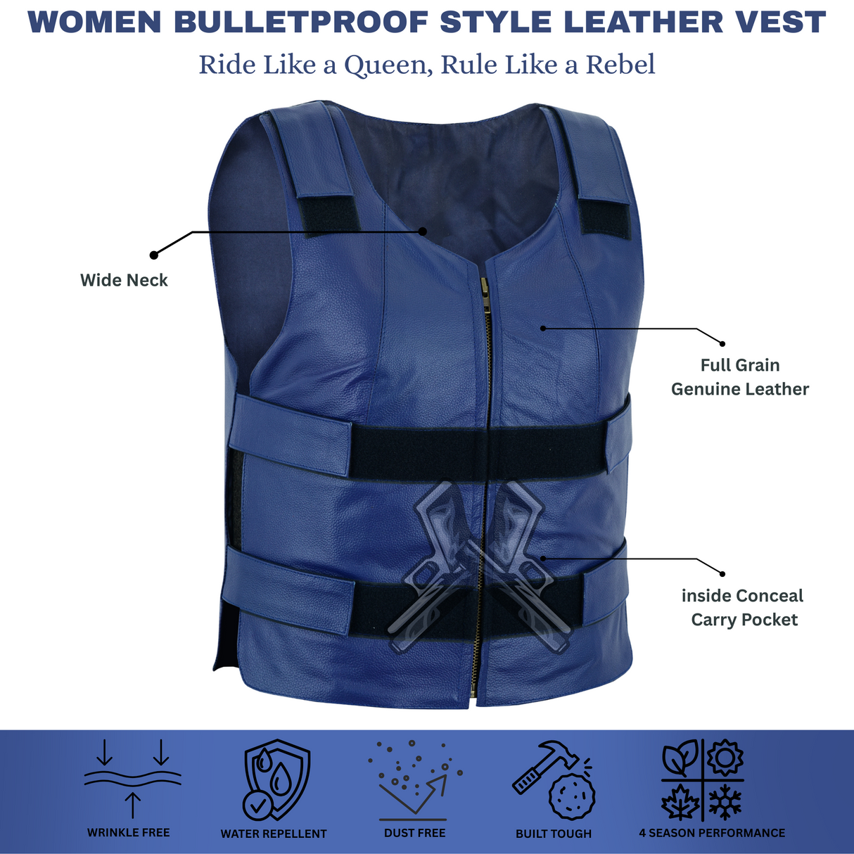 Navy Blue bulletproof Style Motorcycle Club Leather Women's Vest