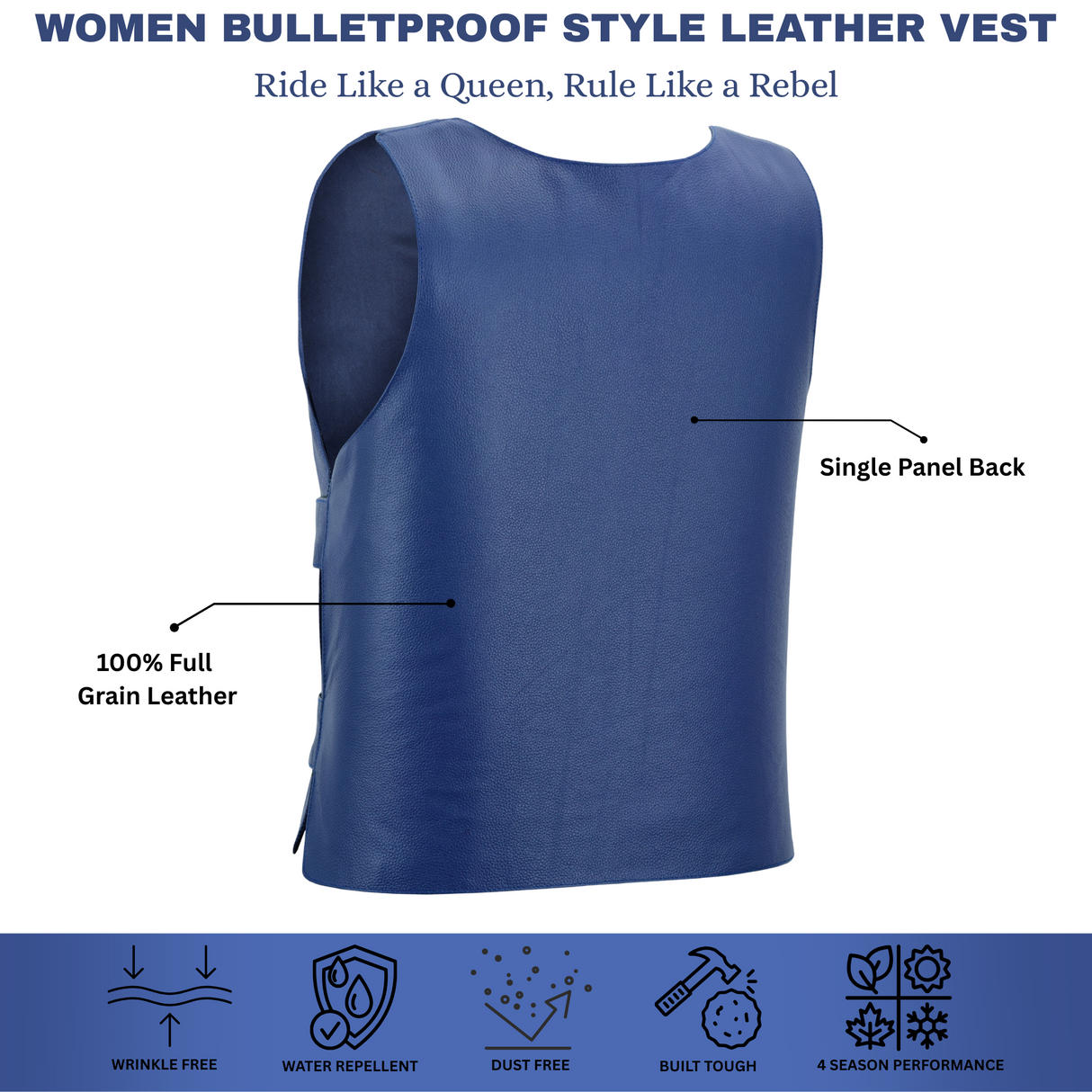 Navy Blue bulletproof Style Motorcycle Club Leather Women's Vest
