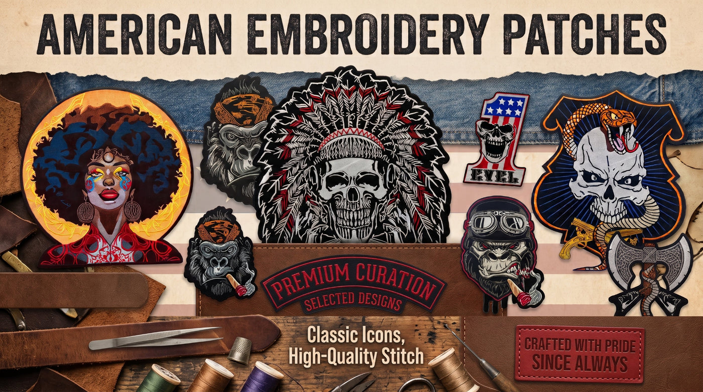 Promotional graphic for American Embroidery Patches showing several embroidered patch designs arranged on a rustic workbench with thread, tweezers, and leather. Large text reads 'AMERICAN EMBROIDERY PATCHES,' with additional text including 'Premium Curation,' 'Selected Designs,' and 'Classic Icons, High-Quality Stitch.