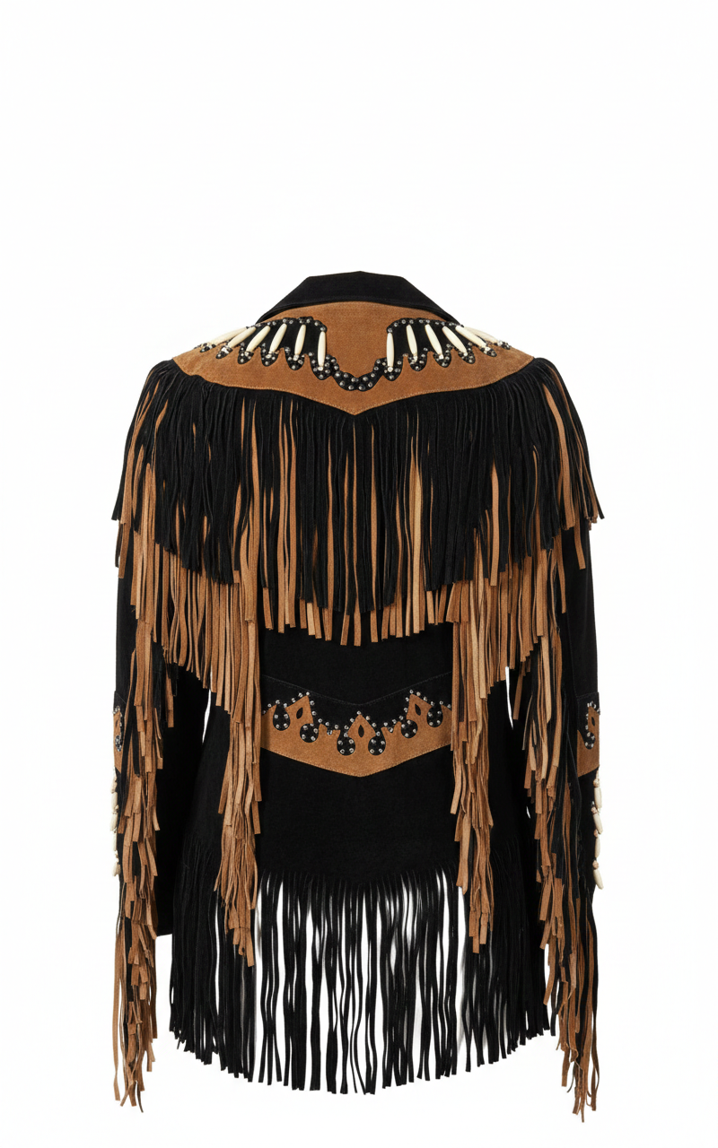 Women’s Two-Tone Black & Brown Suede Western Fringe Jacket with Beads – Cowboy Style
