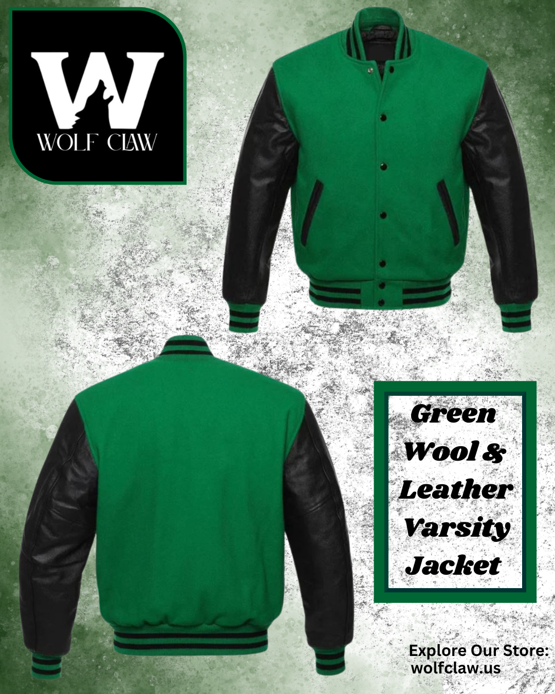 Men’s Green Wool and Leather Letterman Jacket with Ribbed Cuffs