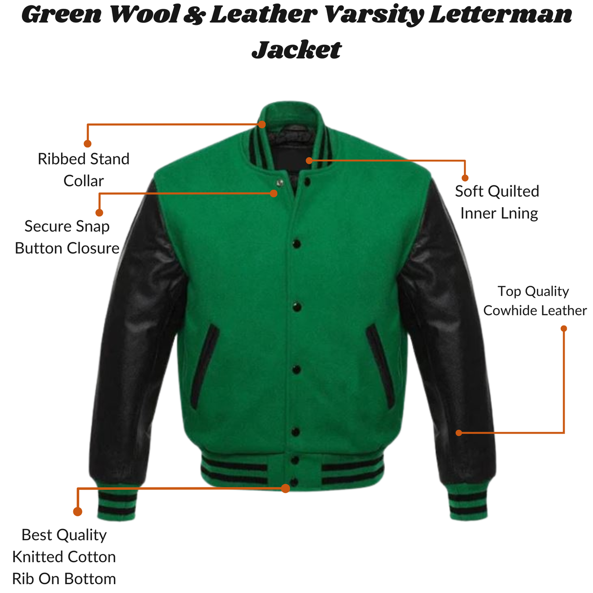 Men’s Green Wool and Leather Letterman Jacket with Ribbed Cuffs