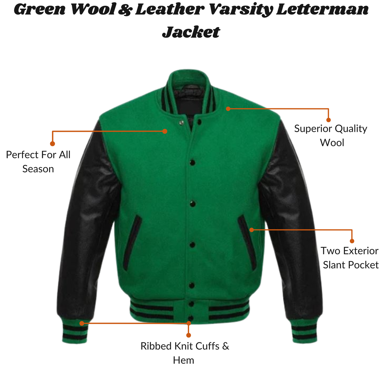 Men’s Green Wool and Leather Letterman Jacket with Ribbed Cuffs