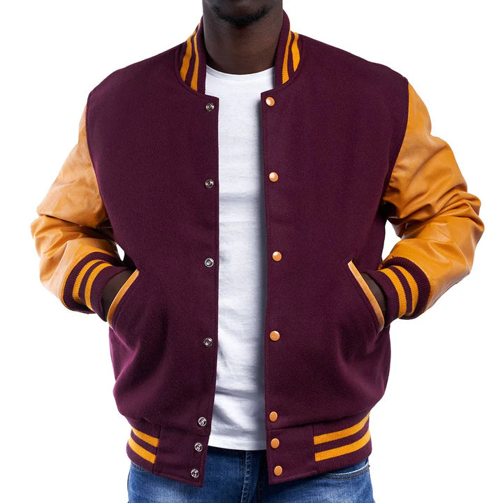 Maroon & Yellow Leather Sleeves Varsity Jacket