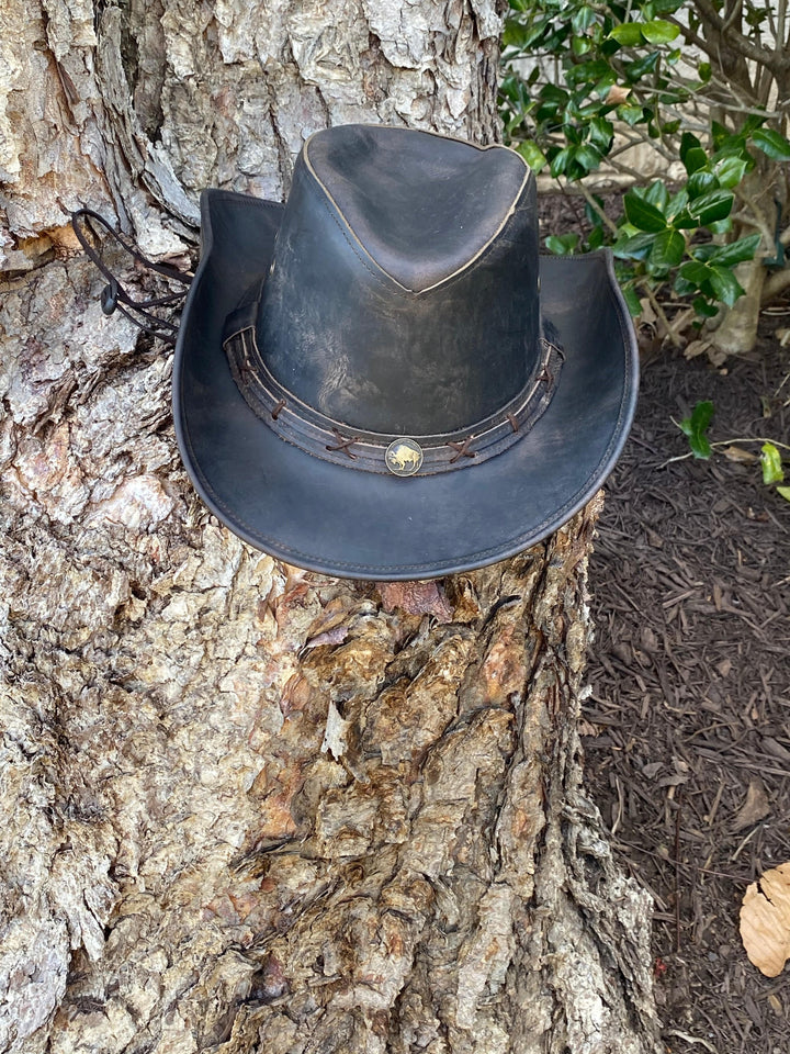 Ruff Rider Outback Leather Distressed Black Cowboy Hat