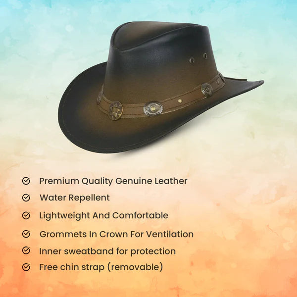Leather Cowboy Western Hat Aussie Style with Conchos