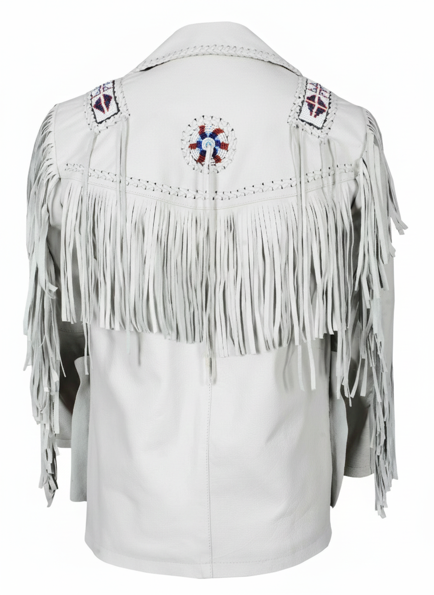 Men’s Western Cowboy Fringe Jacket – Beaded Native American Style Genuine Leather Jacket