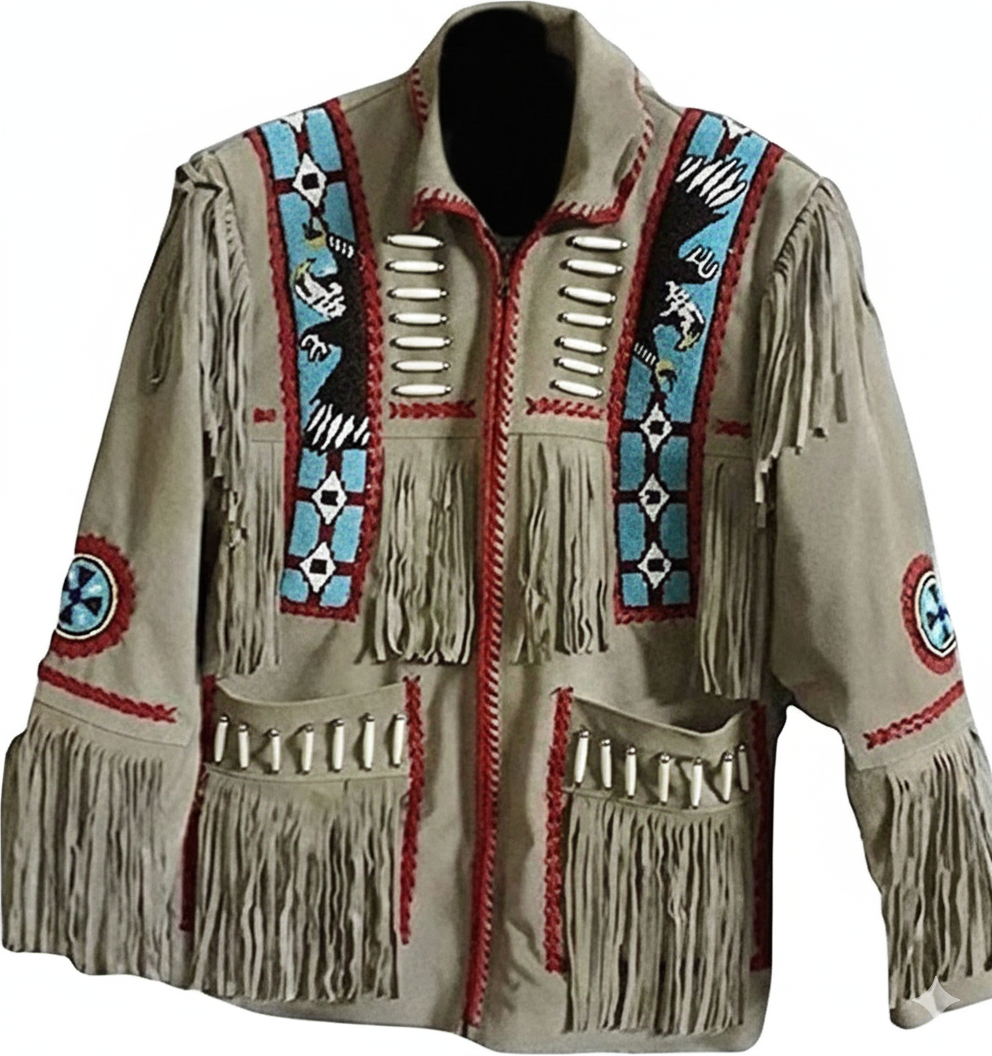 Premium Men’s Western Cowboy Suede Leather Jacket – Native American Fringed & Beaded Style