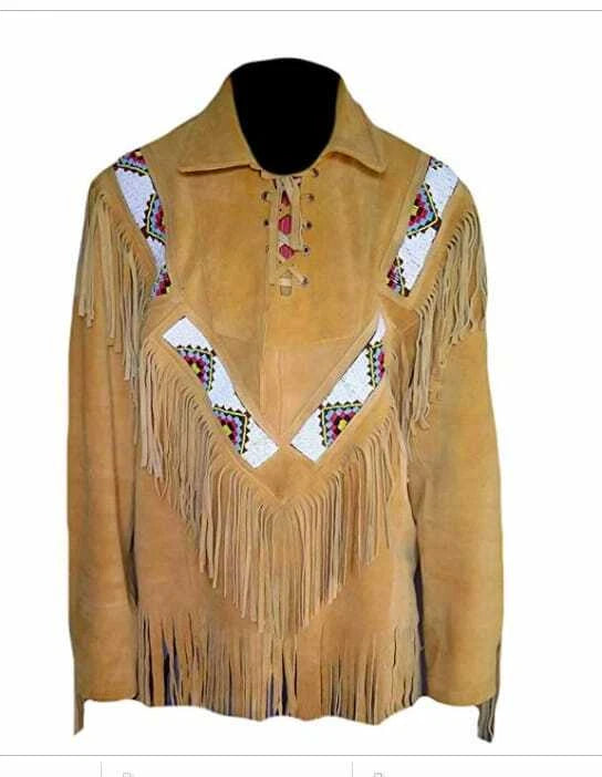 Men’s Vintage Western Suede Leather Cowboy Jacket with Fringe & Native American Beading
