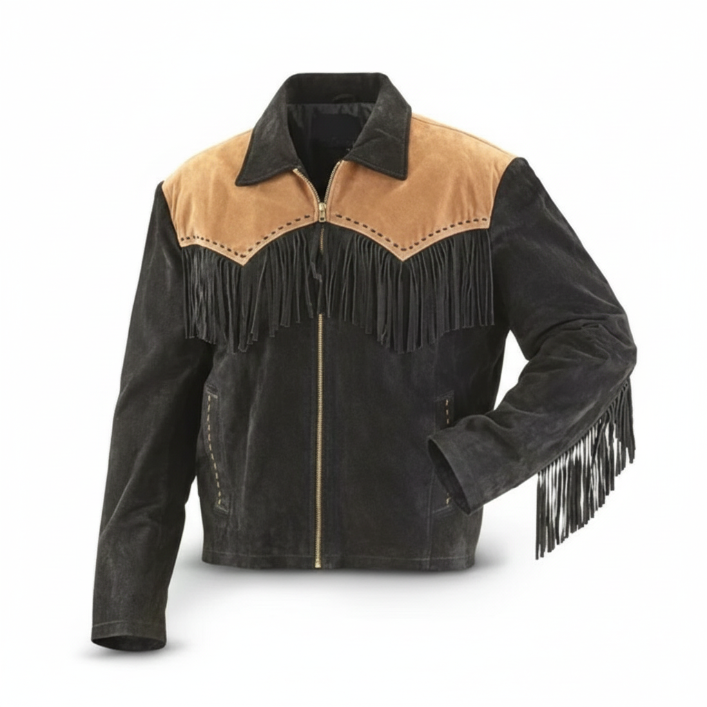 Men’s Handcrafted Suede Leather Jacket with Fringe & Bead Accents – Western Cowboy Style