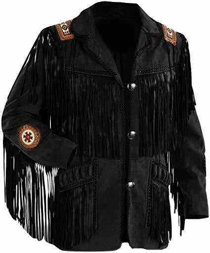 Handcrafted Vintage Men's Fringe Leather Jacket – Native American Western Style Beaded Suede Coat