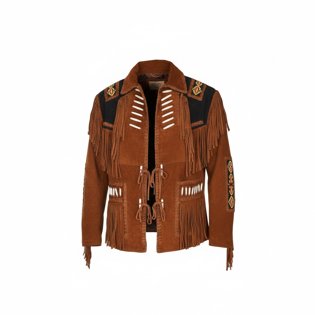 Men’s Suede Fringe Jacket – Western Cowboy Native American Style Leather Outerwear Coat