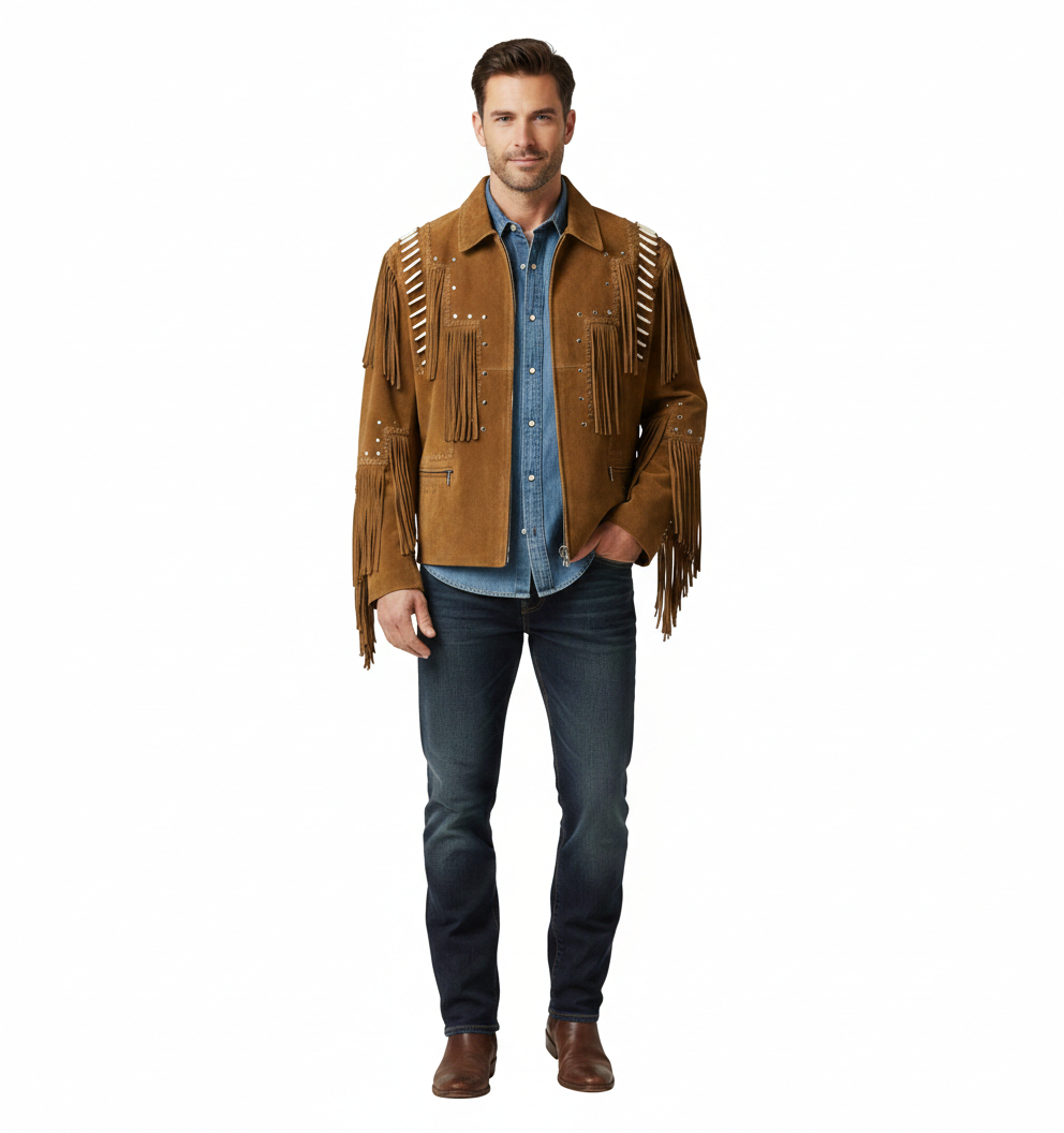 Men’s Suede Fringe Leather Jacket – Vintage Western Cowboy Native American Outerwear
