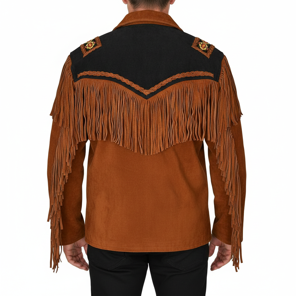 Men’s Suede Fringe Jacket – Western Cowboy Native American Style Leather Outerwear Coat