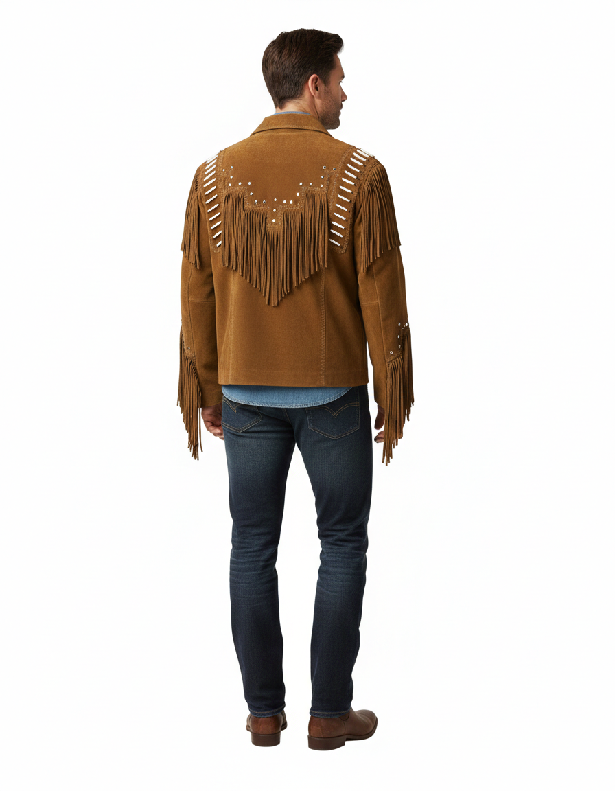 Men’s Suede Fringe Leather Jacket – Vintage Western Cowboy Native American Outerwear